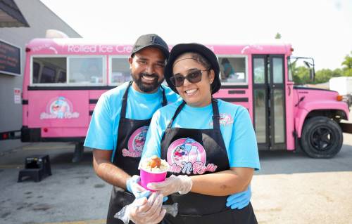 RUTH BONNEVILLE / WINNIPEG FREE PRESS
                                Newlyweds Param and Kulpreet Gill are the owners of Shake N Rolls, a food truck that makes rolled ice cream.