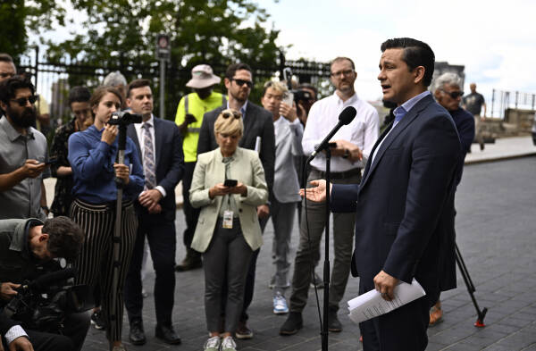 Canadian Press Files
Conservative Leader Pierre Poilievre speaks at a news conference outside West Block on Parliament Hill in Ottawa.