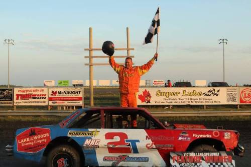 SUPPLIED
                                Derek Pollock celebrates a win at Victory Lane Speedway.