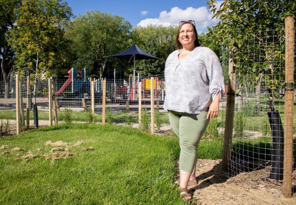 Darcy Granove, principal landscaping architect of Little Bluestem Landscaping Architecture, in the green learning space at École Riverview School. (Mike Thiessen / Winnipeg Free Press)