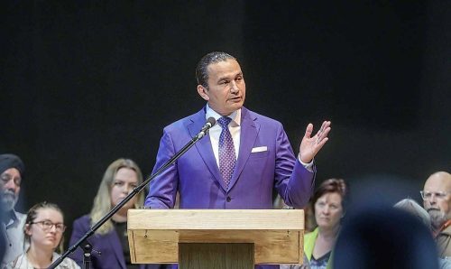 RUTH BONNEVILLE / WINNIPEG FREE PRESS
                                NDP Leader Wab Kinew outlines his party&rsquo;s platform on crime in a speech Wednesday. The election is set for Oct. 3.