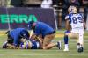 Winnipeg Blue Bombers quarterback Zach Collaros (8) is injured as Kenny Lawler (89) takes a knee against the Edmonton Elks during first half CFL action in Edmonton, Alta., on Thursday, August 10, 2023. THE CANADIAN PRESS/Jason Franson.