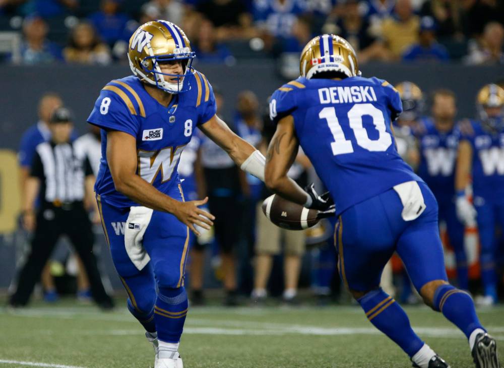 John Woods / THE CANADIAN PRESS files
Bombers QB Zach Collaros (left) is back in action against the Als after missing the Calgary game with a neck injury.