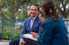 MIKE DEAL / WINNIPEG FREE PRESS
                                Leader of the Manitoba NDP, Wab Kinew, sits down with reporter Danielle DaSilva for an interview on the south grounds of the Manitoba Legislative building Tuesday morning. 230829 - Tuesday, August 29, 2023.