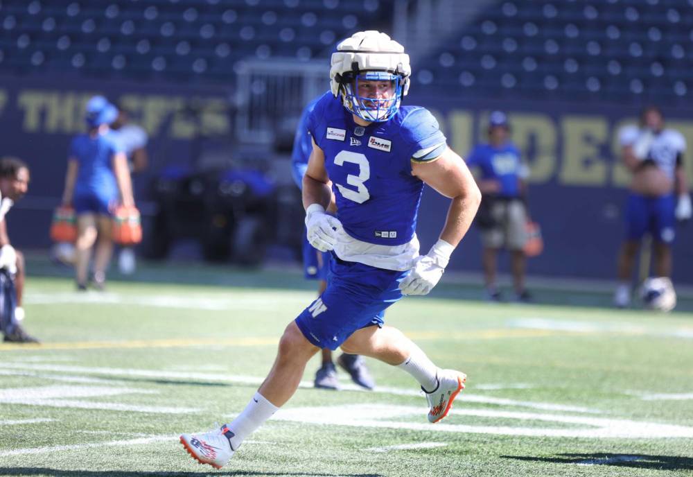 RUTH BONNEVILLE / WINNIPEG FREE PRESS
Thiadric Hansen was back at practice with the Big Blue on Wednesday after missing almost a year of action due to a torn Achilles tendon.