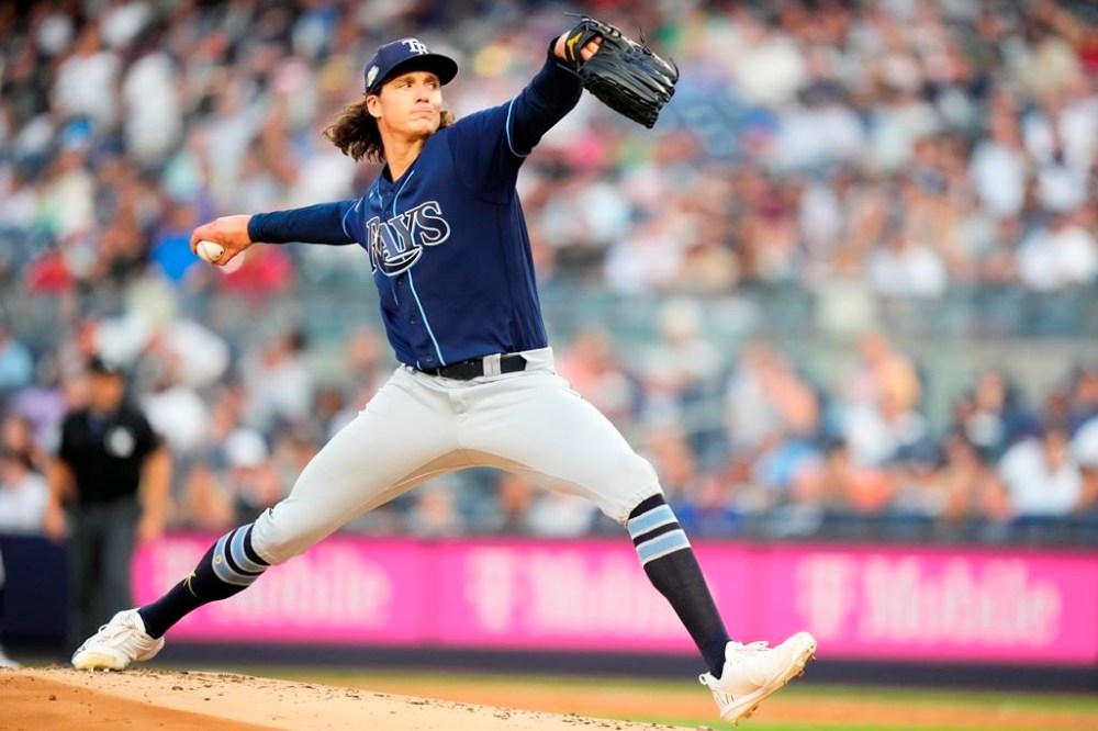 Tampa Bay Rays' Tyler Glasnow pitches during the first inning of a baseball game against the New York Yankees, Monday, July 31, 2023, in New York. (AP Photo/Frank Franklin II)