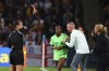 Referee Melissa Borjas shows a red card to England's Lauren James during the Women's World Cup round of 16 soccer match between England and Nigeria in Brisbane, Australia, Monday, Aug. 7, 2023. (AP Photo/Tertius Pickard)