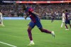FILE - FC Barcelona forward Ousmane Dembele celebrates a goal against Real Madrid during the first half of a Champions Tour soccer match, Saturday, July 29, 2023 at AT&T Stadium in Arlington, Texas. (AP Photo/Jeffrey McWhorter, File)