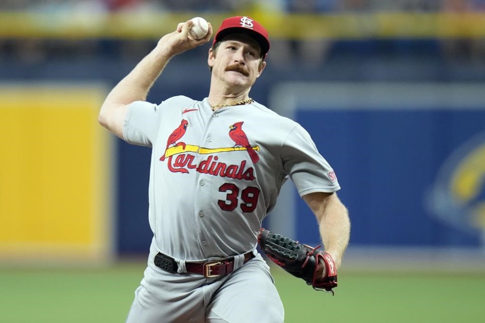 St. Louis Cardinals starting pitcher Miles Mikolas delivers to the Tampa Bay Rays during the first inning of a baseball game Tuesday, Aug. 8, 2023, in St. Petersburg, Fla. (AP Photo/Chris O'Meara)