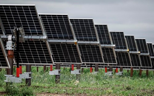 An industry group says Alberta's decision to pause approvals of new renewable energy projects is putting the lives of thousands of workers on hold. Solar panels pictured at the Michichi Solar project near Drumheller, Alta., Tuesday, July 11, 2023. THE CANADIAN PRESS/Jeff McIntosh