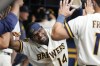 Milwaukee Brewers' Andruw Monasterio celebrates after hitting a home run during the fifth inning of a baseball game against the Colorado Rockies Wednesday, Aug. 9, 2023, in Milwaukee. (AP Photo/Morry Gash)