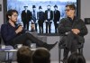 Director Daniel Roher, left, and Robbie Robertson attend a press conference to promote the movie 