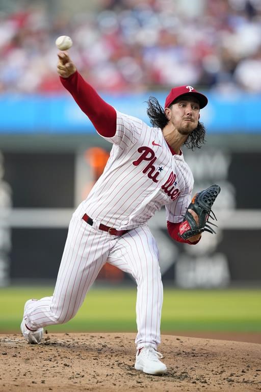 Philadelphia Phillies' Michael Lorenzen pitches during the second inning of a baseball game against the Washington Nationals, Wednesday, Aug. 9, 2023, in Philadelphia. (AP Photo/Matt Slocum)