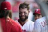 Philadelphia Phillies' Weston Wilson celebrates with teammates after hitting a home run against Washington Nationals pitcher MacKenzie Gore during the second inning of a baseball game, Wednesday, Aug. 9, 2023, in Philadelphia. (AP Photo/Matt Slocum)