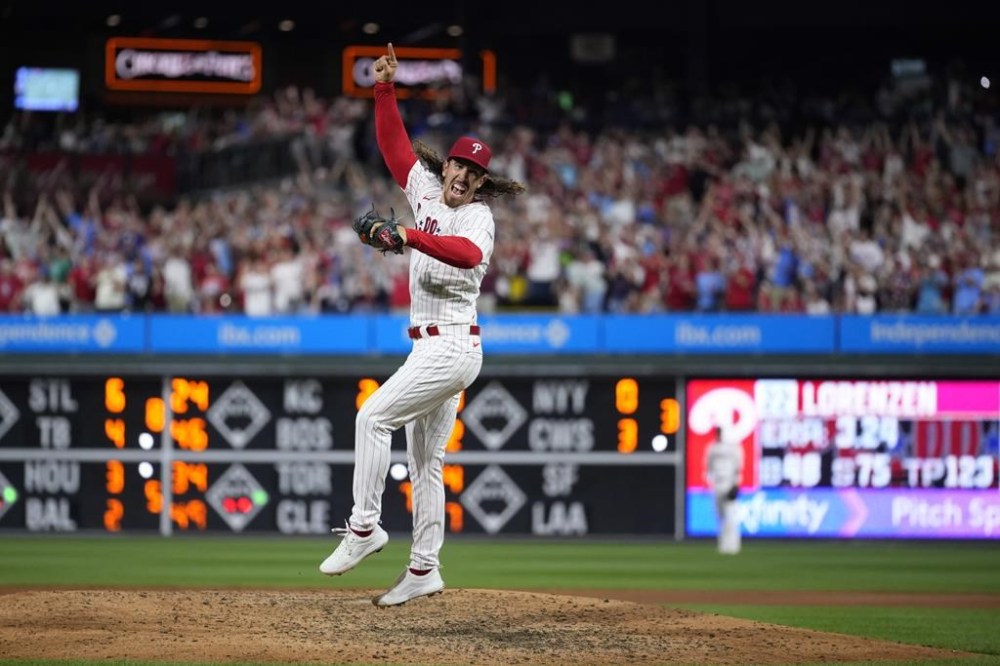 Philadelphia Phillies pitcher Michael Lorenzen celebrates after pitching a no-hitter during a baseball game against the Washington Nationals, Wednesday, Aug. 9, 2023, in Philadelphia. (AP Photo/Matt Slocum)