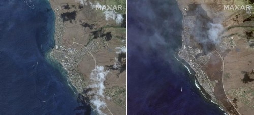 This combination of satellite images provided by Maxar Technologies shows an overview of Lahaina on Maui, Hawaii, on June 25, 2023, left, and an overview of the same area on Wednesday, Aug. 9, following a wildfire that tore through the heart of the Hawaiian island. (Maxar Technologies via AP)