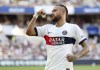 PSG's Neymar celebrates after scoring the first goal during a friendly soccer match against Jeonbuk Hyundai Motors in Busan, South Korea, Thursday, Aug. 3, 2023. (Yoon Dong-jin/Yonhap via AP)