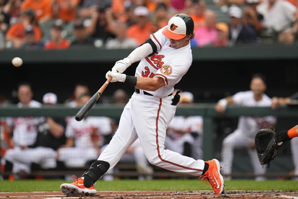 Baltimore Orioles designated hitter Adley Rutschman connects for a leadoff home run off Houston Astros starting pitcher Hunter Brown in the first inning of a baseball game, Thursday, Aug. 10, 2023, in Baltimore. (AP Photo/Julio Cortez)