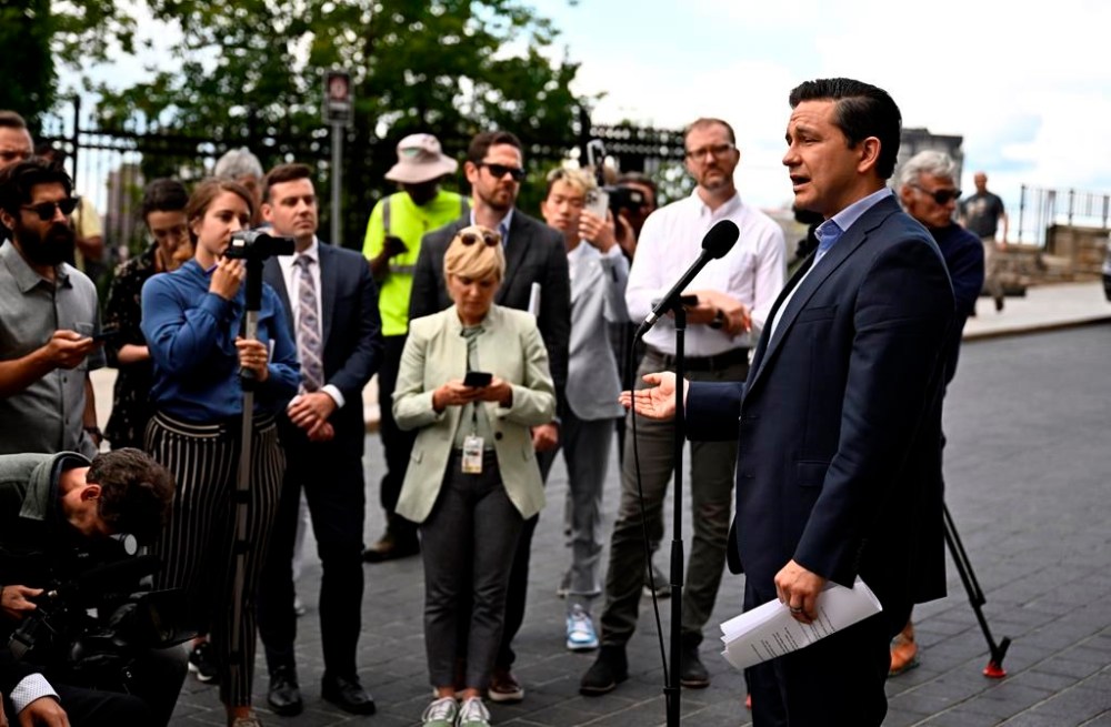 The Conservative party under leader Pierre Poilievre is embracing conspiracy theories as certain beliefs move from the fringes of the internet and become mainstream as people's distrust of government grows.Poilievre speaks at a news conference outside West Block on Parliament Hill in Ottawa, Tuesday, Aug. 1, 2023. THE CANADIAN PRESS/Justin Tang