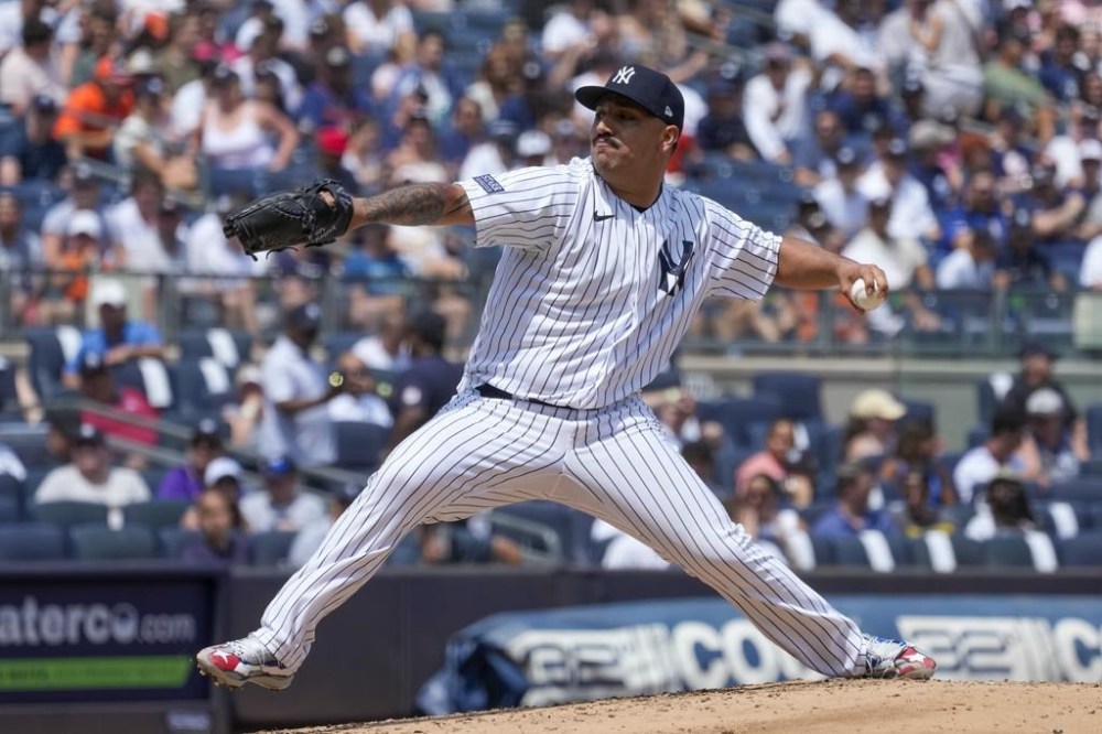 New York Yankees pitcher Nestor Cortes delivers in the third inning of a baseball game against the Houston Astros, Saturday, Aug. 5, 2023, in New York. (AP Photo/Mary Altaffer)