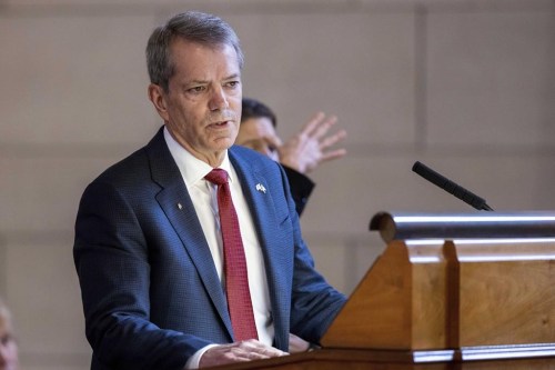 FILE - Nebraska Gov. Jim Pillen delivers his State of the State on Wednesday, Jan. 25, 2023, at the the state Capitol in Lincoln, Neb. A Nebraska judge on Friday, Aug. 11, 2023 rejected an effort to block a ban on abortions after 12 weeks of pregnancy and restrictions on gender-affirming surgery. Lancaster County District Court Judge Lori Maret sided with the state and allowed a law approved by the Nebraska Legislature earlier this year to remain in effect. (Anna Reed/Omaha World-Herald via AP, File)