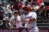 FILE - Los Angeles Angels' Mike Trout watches his solo home run during the first inning of a baseball game against the Arizona Diamondbacks, July 2, 2023, in Anaheim, Calif. Trout hit off a pitching machine Friday, Aug. 11, 2023, for the first time since fracturing his left hamate bone and manager Phil Nevin said the Angels’ star outfielder is moving closer to a return. (AP Photo/Mark J. Terrill, File)