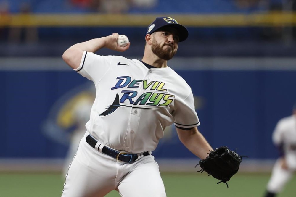 Tampa Bay Rays starting pitcher Aaron Civale throws to a Cleveland Guardians batter during the first inning of a baseball game Friday, Aug. 11, 2023, in St. Petersburg, Fla. (AP Photo/Scott Audette)