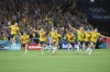Australia players celebrate after winning the Women's World Cup quarterfinal soccer match between Australia and France in Brisbane, Australia, Saturday, Aug. 12, 2023. (AP Photo/Tertius Pickard)