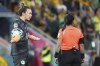 Australia's goalkeeper Mackenzie Arnold argues with referee Maria Carvajal during a penalty shootout during the Women's World Cup quarterfinal soccer match between Australia and France in Brisbane, Australia, Saturday, Aug. 12, 2023. (AP Photo/Tertius Pickard)