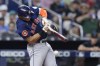 Houston Astros' Jeremy Pena breaks his bat during the fifth inning of a baseball game against the Miami Marlins, Monday, Aug. 14, 2023, in Miami. (AP Photo/Wilfredo Lee)