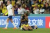 Colombia's Jorelyn Carabali gets on her knees after losing the Women's World Cup quarterfinal soccer match between England and Colombia at Stadium Australia in Sydney, Australia, Saturday, Aug. 12, 2023. (AP Photo/Mark Baker)