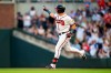 Atlanta Braves' Austin Riley gestures while running bases after a solo home run in the first inning of a baseball game against the New York Yankees, Monday, Aug. 14, 2023, in Atlanta. (AP Photo/Hakim Wright Sr.)