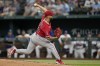 Los Angeles Angels starting pitcher Patrick Sandoval throws to the Texas Rangers in the second inning of a baseball game, Monday, Aug. 14, 2023, in Arlington, Texas. (AP Photo/Tony Gutierrez)