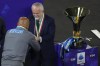 FILE - Napoli's head coach Luciano Spalletti, left, greets Napoli President Aurelio De Laurentis prior to the start of the Serie A soccer title awarding ceremony at the Diego Maradona Stadium, in Naples, Sunday, June 4, 2023. (AP Photo/Andrew Medichini, File)