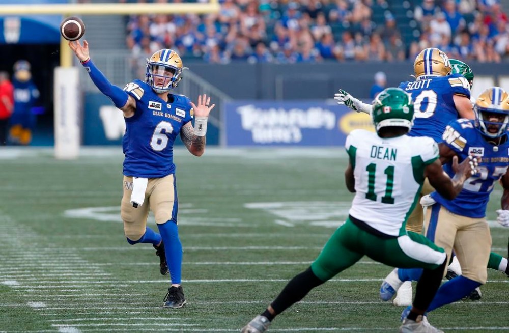 Winnipeg Blue Bombers quarterback Dru Brown (6) throws against the Saskatchewan Roughriders during first half CFL action in Winnipeg Friday, June 2, 2023.THE CANADIAN PRESS/John Woods