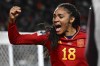 Spain's Salma Paralluelo celebrates after scoring her team's first goal during the Women's World Cup semifinal soccer match between Sweden and Spain at Eden Park in Auckland, New Zealand, Tuesday, Aug. 15, 2023. (AP Photo/Andrew Cornaga)