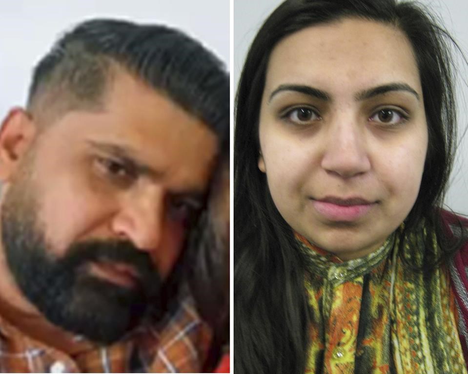 This photo combination issued by Surrey Police on Friday, Aug. 18, 2023 shows Urfan Sharif, left and Beinash Batool. Pakistani police in the eastern province of Punjab are seeking to arrest a man in connection with the death of his 10-year-old daughter in the U.K. Sara Sharif was found dead at her home in Woking, on the southern outskirts of London, on Aug. 10, U.K. police said in a statement. (Surrey Police via AP)