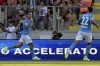 Napoli's Matteo Politano, left, celebrates after scoring his side's first goal of the Serie A soccer match between Frosinone Calcio and SSC Napoli, at the Benito Stirpe stadium in Frosinone, Italy, Saturday Aug. 19, 2023. (Alfredo Falcone/LaPresse via AP)