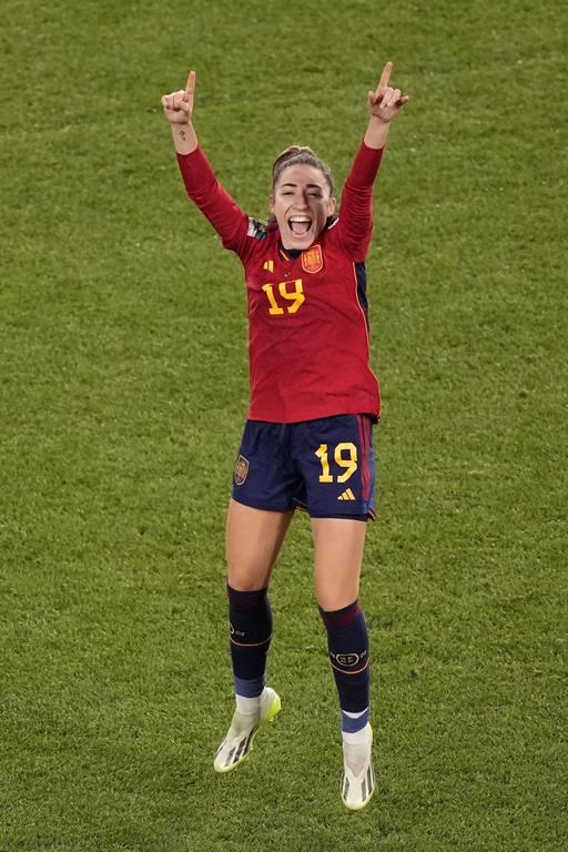 Spain's Olga Carmona celebrates after her team's victory over England during the Women's World Cup soccer final at Stadium Australia in Sydney, Australia, Sunday, Aug. 20, 2023. (AP Photo/Mark Baker)