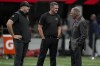 Atlanta Falcons Head Coach Arthur Smith, left, and Cincinnati Bengals Head Coach Zac Taylor speaks with Atlanta Falcons owner Arthur Blank before the first half of an NFL preseason football game between the Atlanta Falcons and the Cincinnati Bengals, Friday, Aug. 18, 2023, in Atlanta. (AP Photo/Brynn Anderson)
