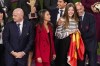 President of Spain's soccer federation, Luis Rubiales, right, embrace's Spain's Princess Infanta Sofia as Queen Letizia and FIFA President Gianni Infantino wait on the podium following Spain's win in the final of Women's World Cup soccer against England at Stadium Australia in Sydney, Australia, Sunday, Aug. 20, 2023. (AP Photo/Mark Baker)