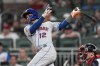 New York Mets' Francisco Lindor watches his three-run home run in the sixth inning of a baseball game against the Atlanta Braves, Monday, Aug. 21, 2023, in Atlanta. (AP Photo/John Bazemore)