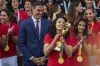 Spain's acting Prime Minister Pedro Sanchez stands with Spain's Women's World Cup soccer team after their World Cup victory, at La Moncloa Palace in Madrid, Spain, Tuesday, Aug. 22, 2023. Spain beat England in Sydney Sunday to win the Women's World Cup soccer final. (AP Photo/Manu Fernandez)