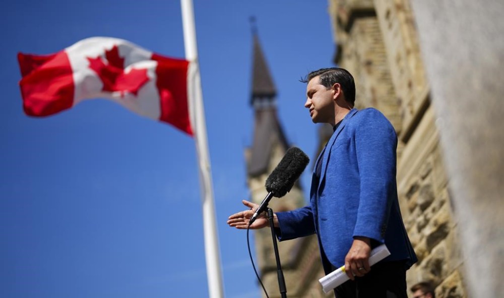 Conservative Leader Pierre Poilievre holds a press conference on Parliament Hill in Ottawa on Monday, Aug. 21, 2023. THE CANADIAN PRESS/Sean Kilpatrick
