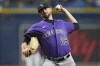Colorado Rockies starting pitcher Austin Gomber delivers to the Tampa Bay Rays during the first inning of a baseball game Wednesday, Aug. 23, 2023, in St. Petersburg, Fla. (AP Photo/Chris O'Meara)