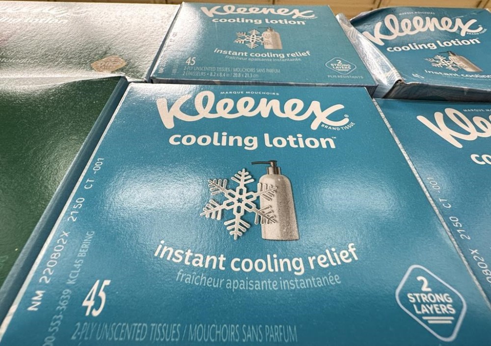 Boxes of Kleenex tissues are seen on a store shelf in Montreal, Friday, August 25, 2023. U.S. manufacturer Kimberly-Clark says its Kleenex consumer facial tissue business is leaving Canada this month. THE CANADIAN PRESS/Christinne Muschi