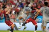 CF Montréal forward Jules-Anthony Vilsaint (28) battles Toronto FC midfielder Jonathan Osorio (21) and Franco Ibarra for the ball during first half MLS soccer action in Toronto on Sunday Aug. 20, 2023. THE CANADIAN PRESS/Frank Gunn