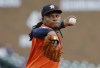 Houston Astros' Framber Valdez pitches against the Detroit Tigers during the second inning of a baseball game Friday, Aug. 25, 2023, in Detroit. (AP Photo/Duane Burleson)