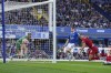 Wolverhampton Wanderers' Sasa Kalajdzic scores his side's first goal, during the English Premier League soccer match between Everton and Wolverhampton Wanderers, at Goodison Park, in Liverpool, England, Saturday, Aug. 26, 2023. (Peter Byrne/PA via AP)