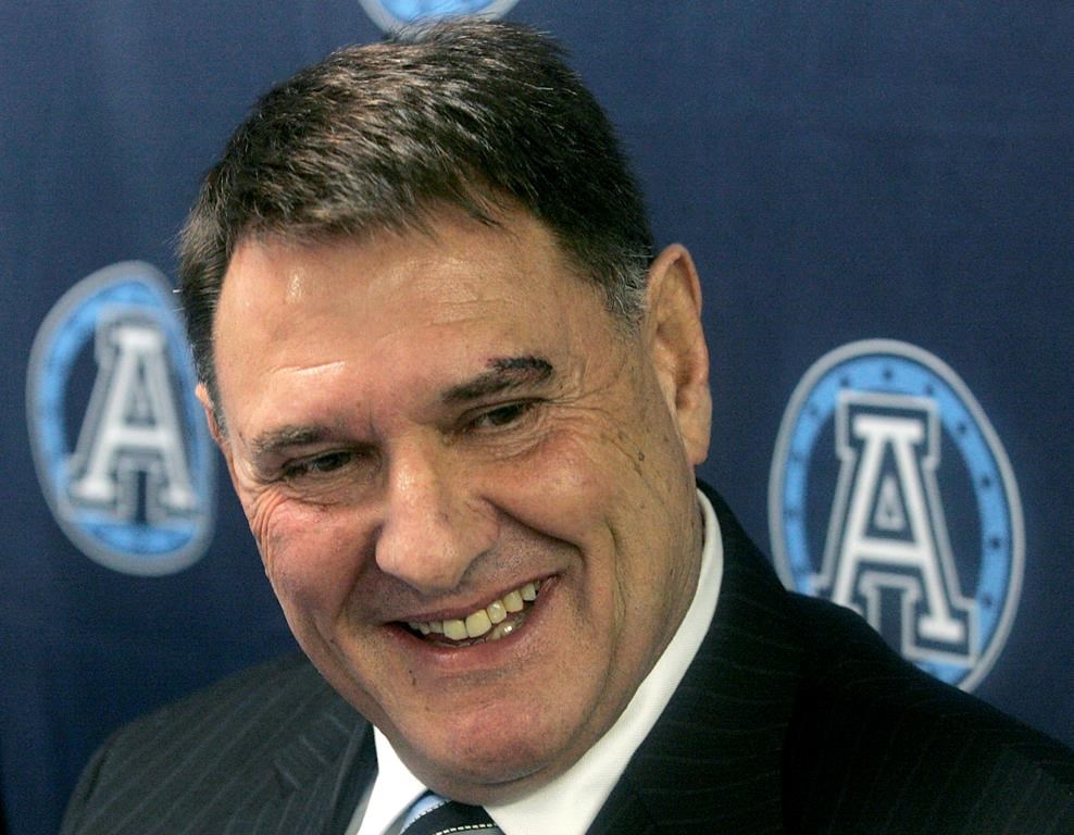 FILE -- Newly appointed Toronto Argonauts head coach Rich Stubler smiles during a news conference in Mississauga, Thursday, Decmeber 6, 2007. Stubler, who served as an assistant coach or head coach with six different CFL teams, has died. He was 74. THE CANADIAN PRESS/J.P. Moczulski